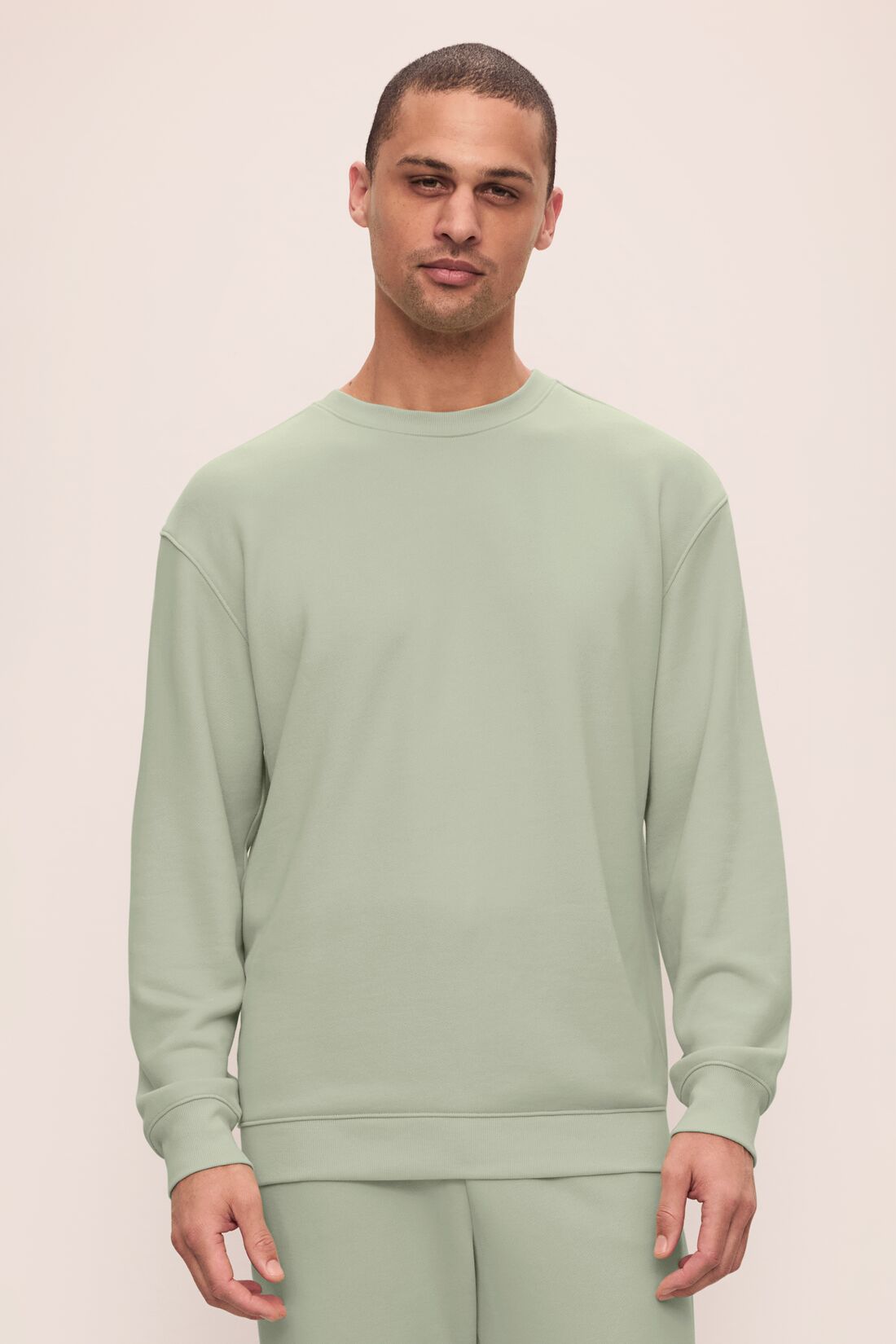 Model is wearing Mens French Terry Sweatshirt in Matcha