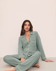 Model is wearing Gisele TENCEL™ Modal Long PJ Set in Eucalyptus/Ivory