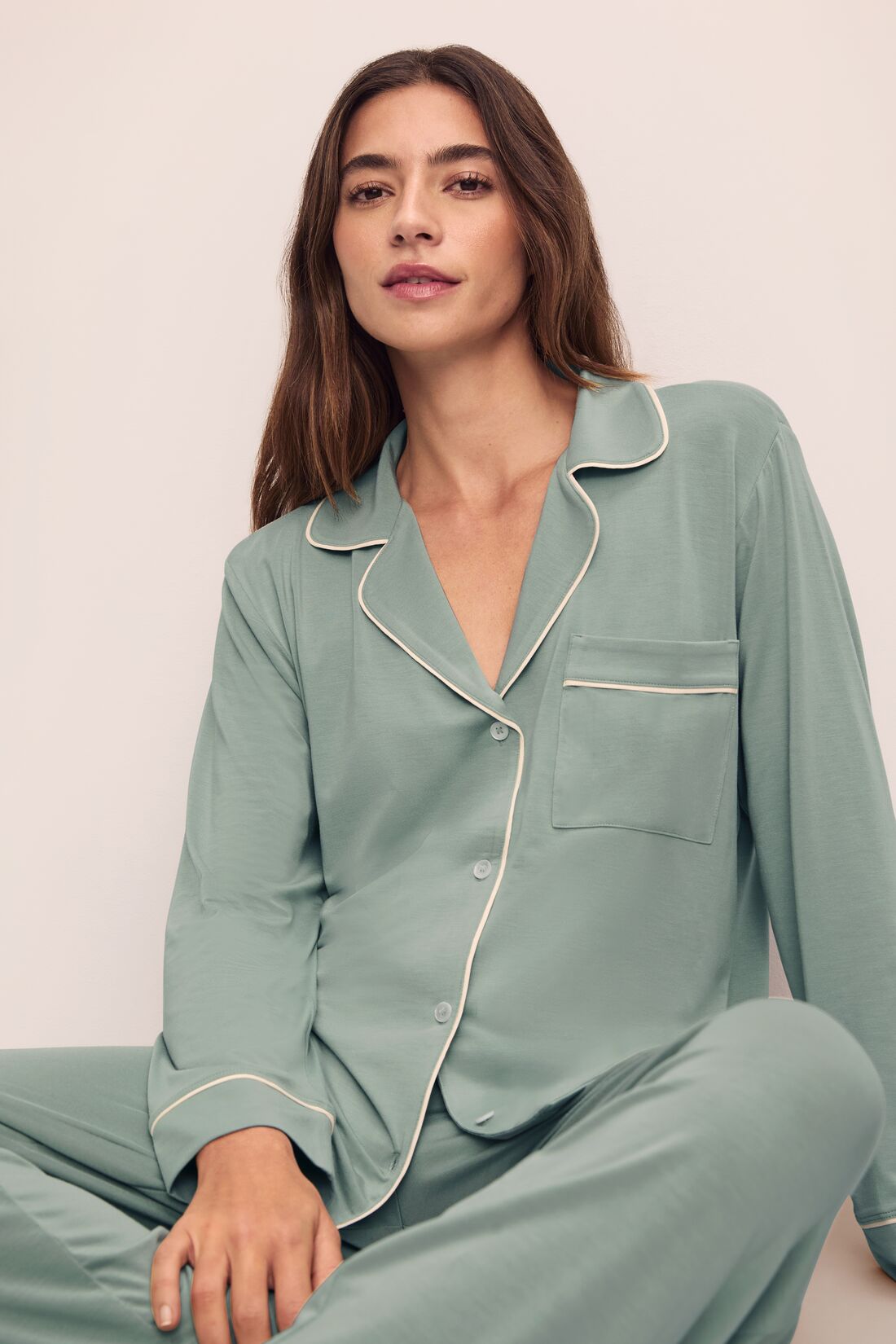 Model is wearing Gisele TENCEL™ Modal Long PJ Set in Eucalyptus/Ivory