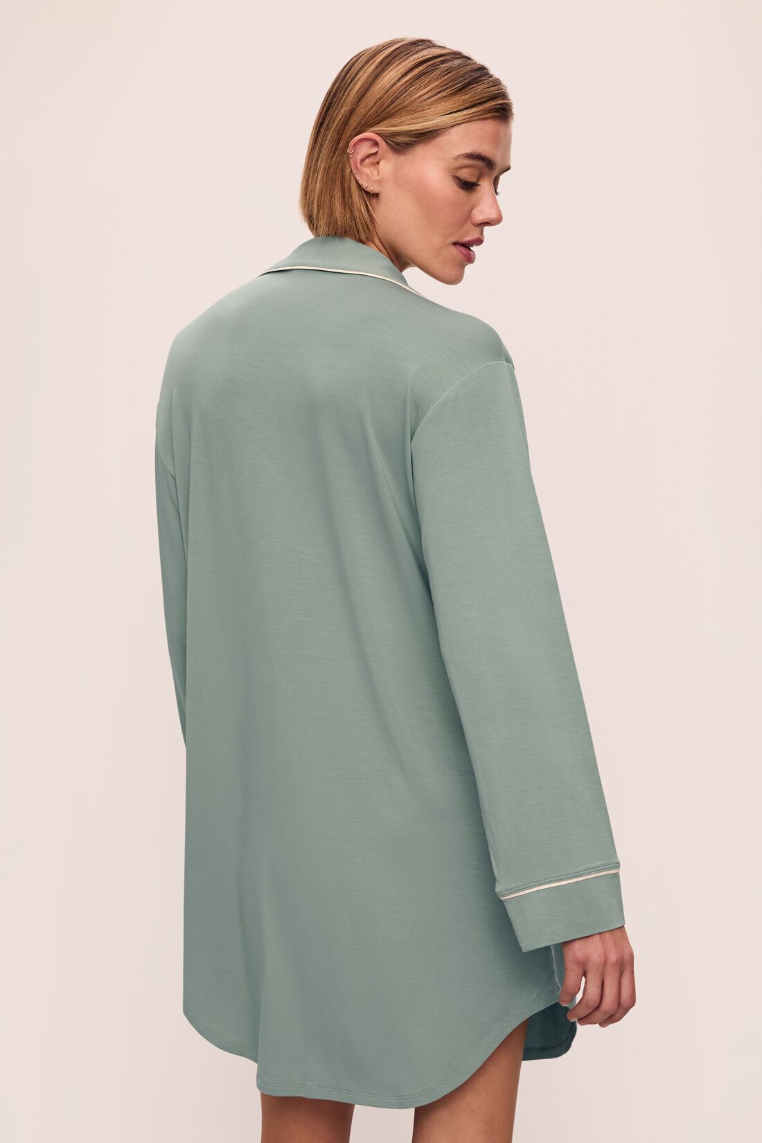 Model is wearing Gisele TENCEL™ Modal Sleepshirt in Eucalyptus/Ivory