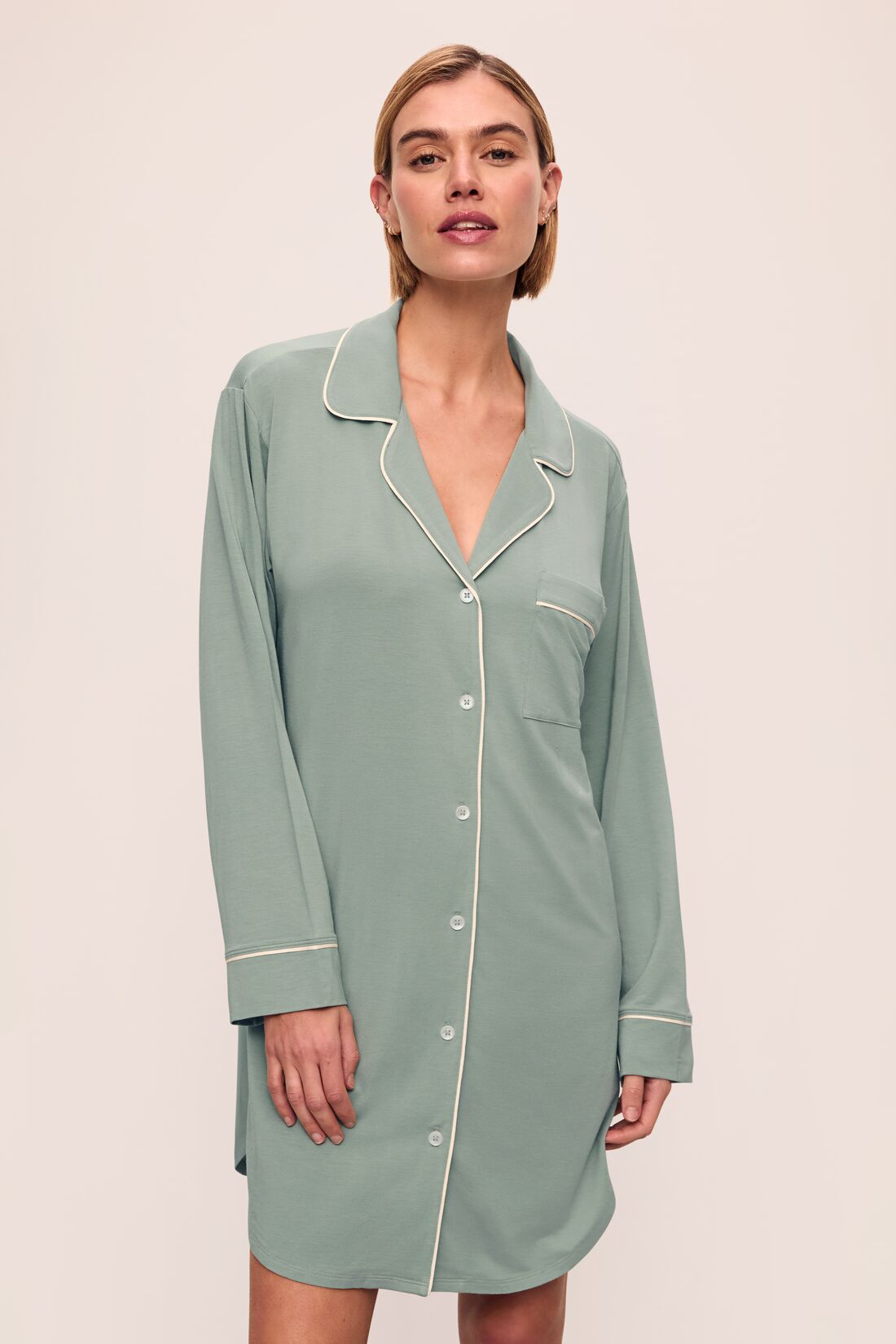 Model is wearing Gisele TENCEL™ Modal Sleepshirt in Eucalyptus/Ivory