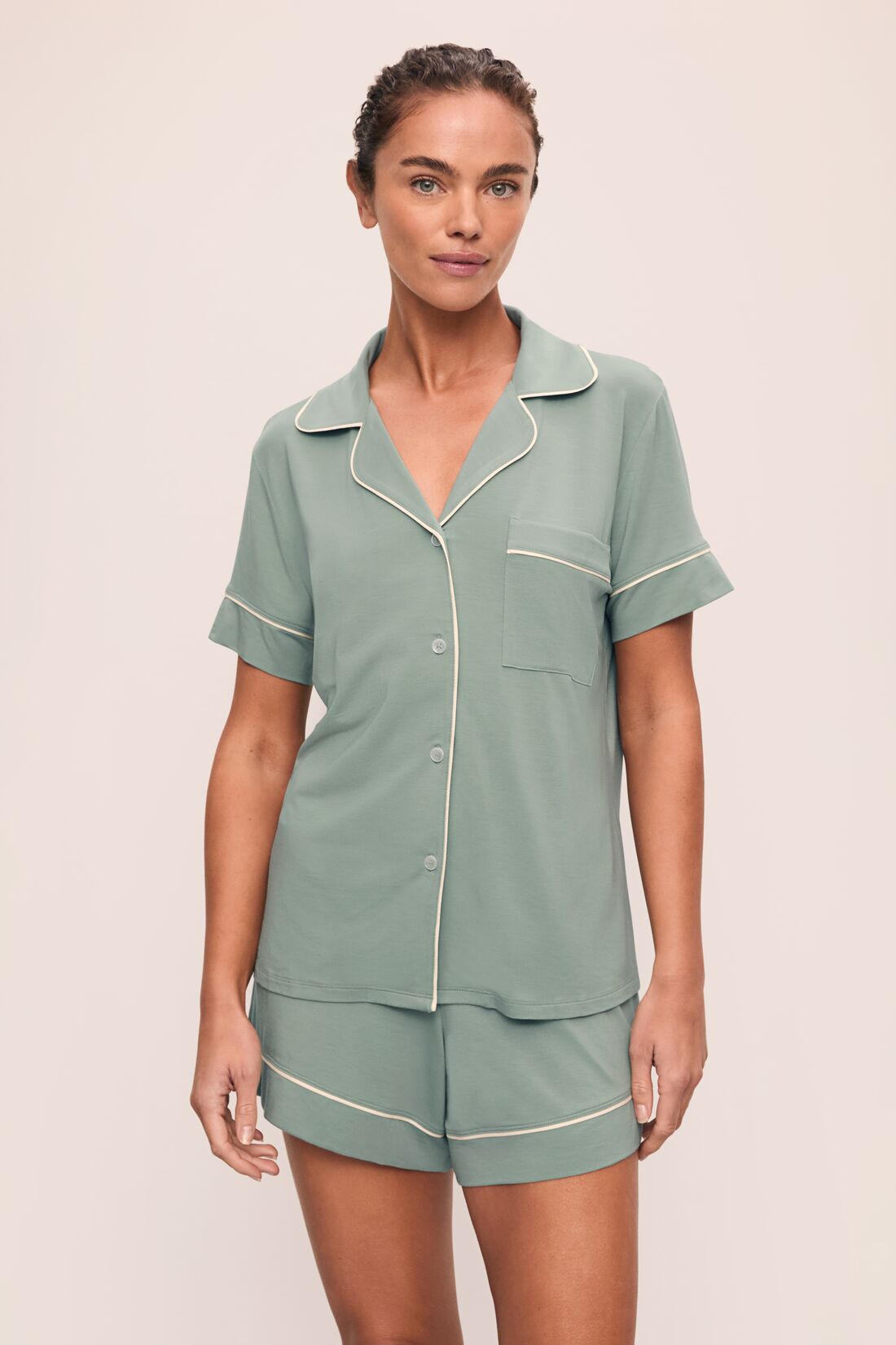 Model is wearing Gisele TENCEL™ Modal Relaxed Short PJ Set in Eucalyptus/Ivory