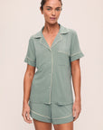 Model is wearing Gisele TENCEL™ Modal Relaxed Short PJ Set in Eucalyptus/Ivory