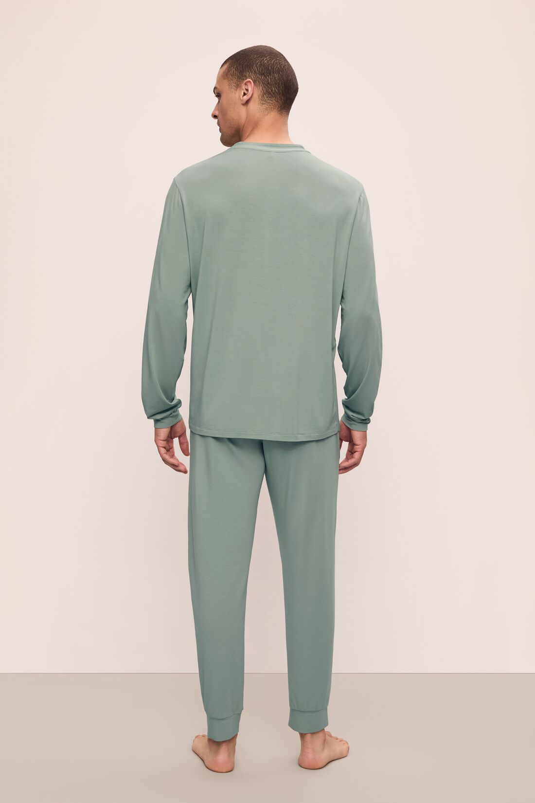 Model is wearing Henry TENCEL™ Modal Long PJ Set in Eucalyptus