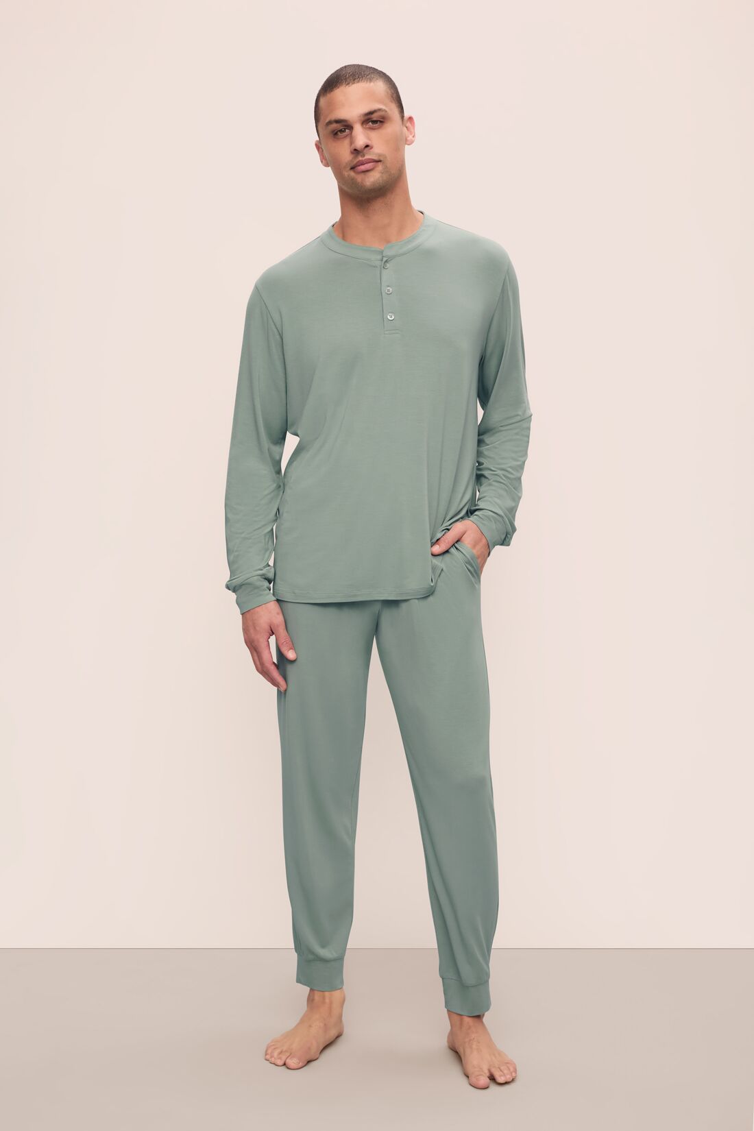 Model is wearing Henry TENCEL™ Modal Long PJ Set in Eucalyptus