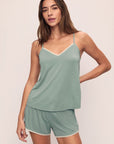 Model is wearing Frida TENCEL™ Modal Cami & Short PJ Set in Eucalyptus/Ivory