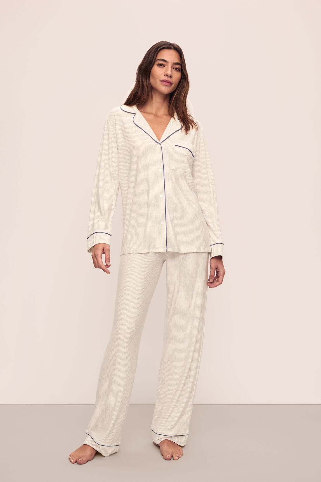 Model is wearing Gisele Printed TENCEL™ Modal Long PJ Set in Heritage Stripe Light Heather Grey/Peppercorn