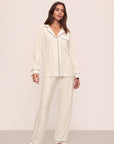 Model is wearing Gisele Printed TENCEL™ Modal Long PJ Set in Heritage Stripe Light Heather Grey/Peppercorn