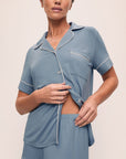 Model is wearing Gisele TENCEL™ Modal Relaxed Short PJ Set in Faded Denim/Ivory