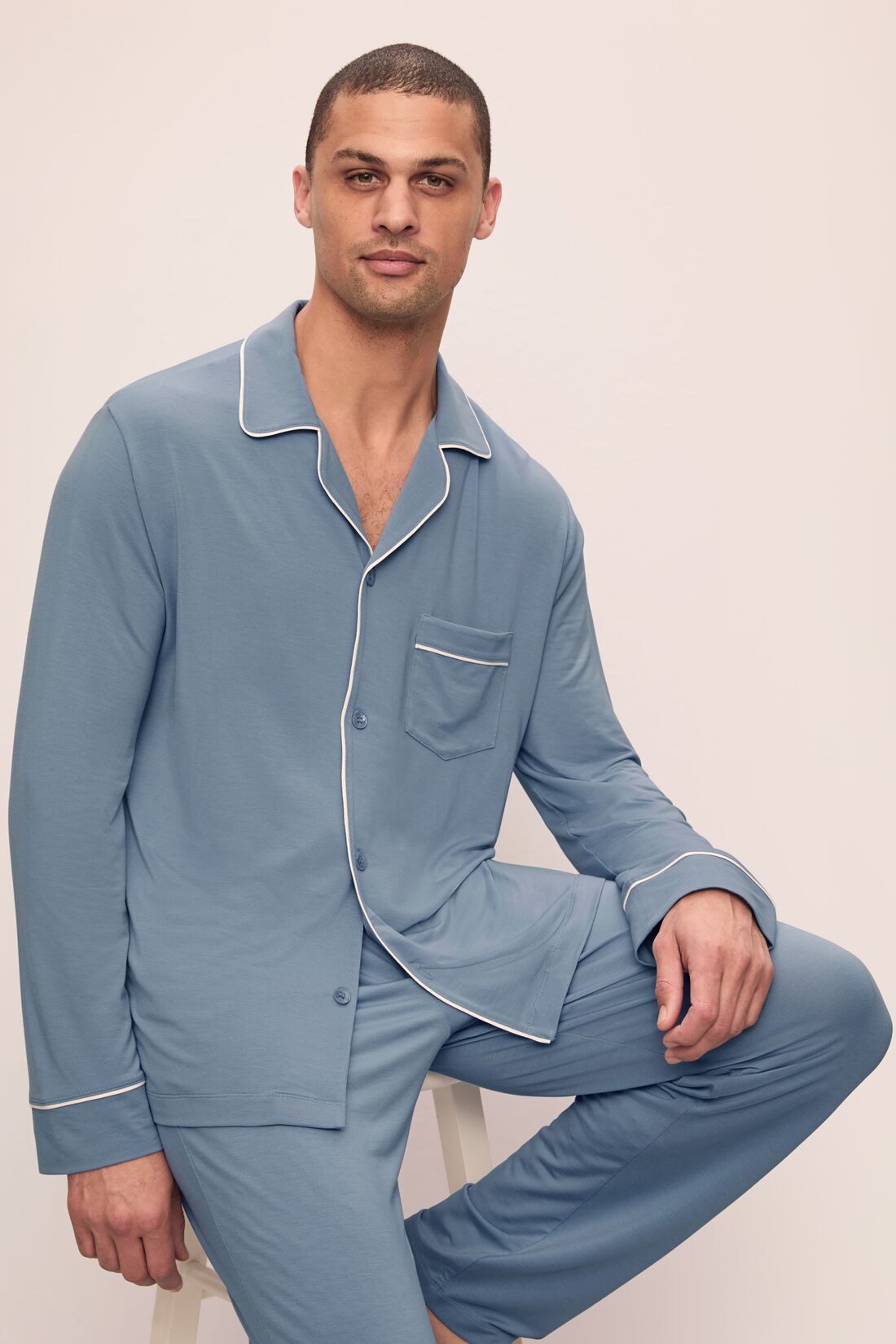 Model is wearing William TENCEL™ Modal Long PJ Set in Faded Denim/Ivory