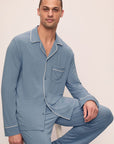 Model is wearing William TENCEL™ Modal Long PJ Set in Faded Denim/Ivory