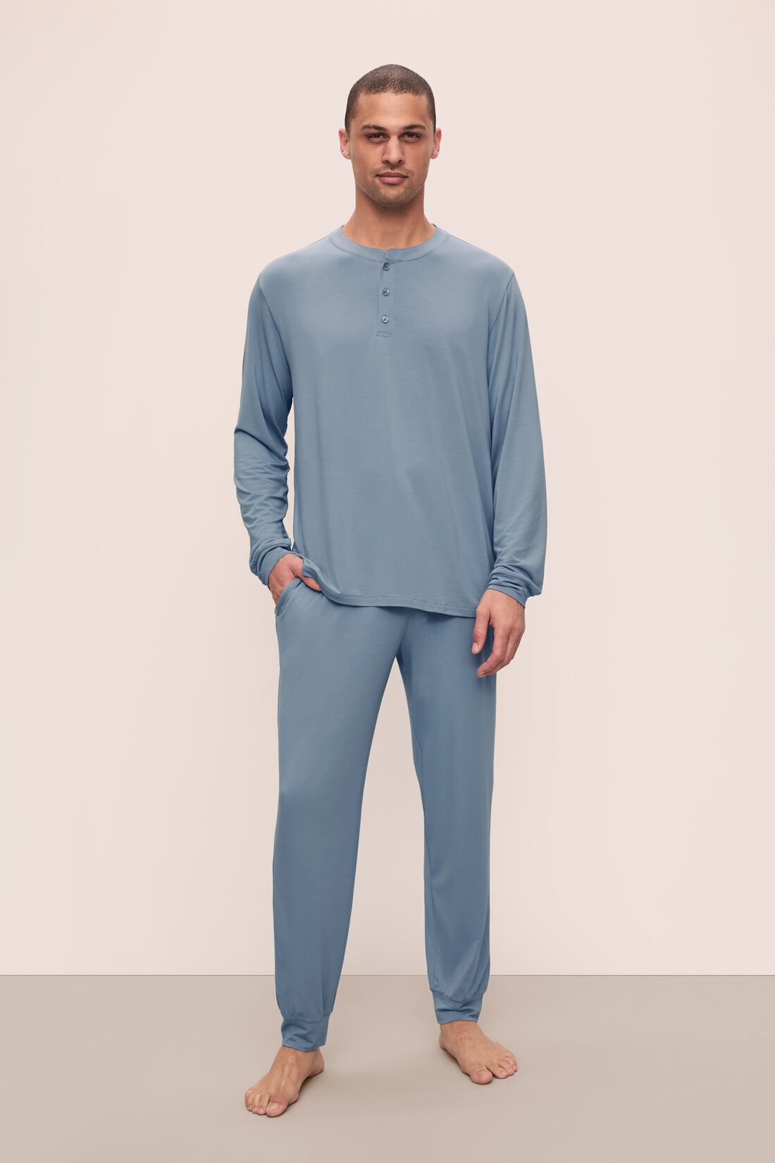 Model is wearing Henry TENCEL™ Modal Long PJ Set in Faded Denim