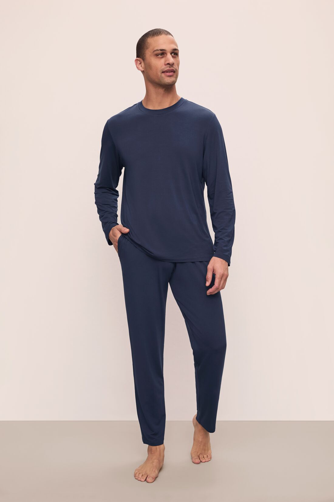 Model is wearing Henry TENCEL™ Modal Long Sleeve Crew PJ Set in Navy