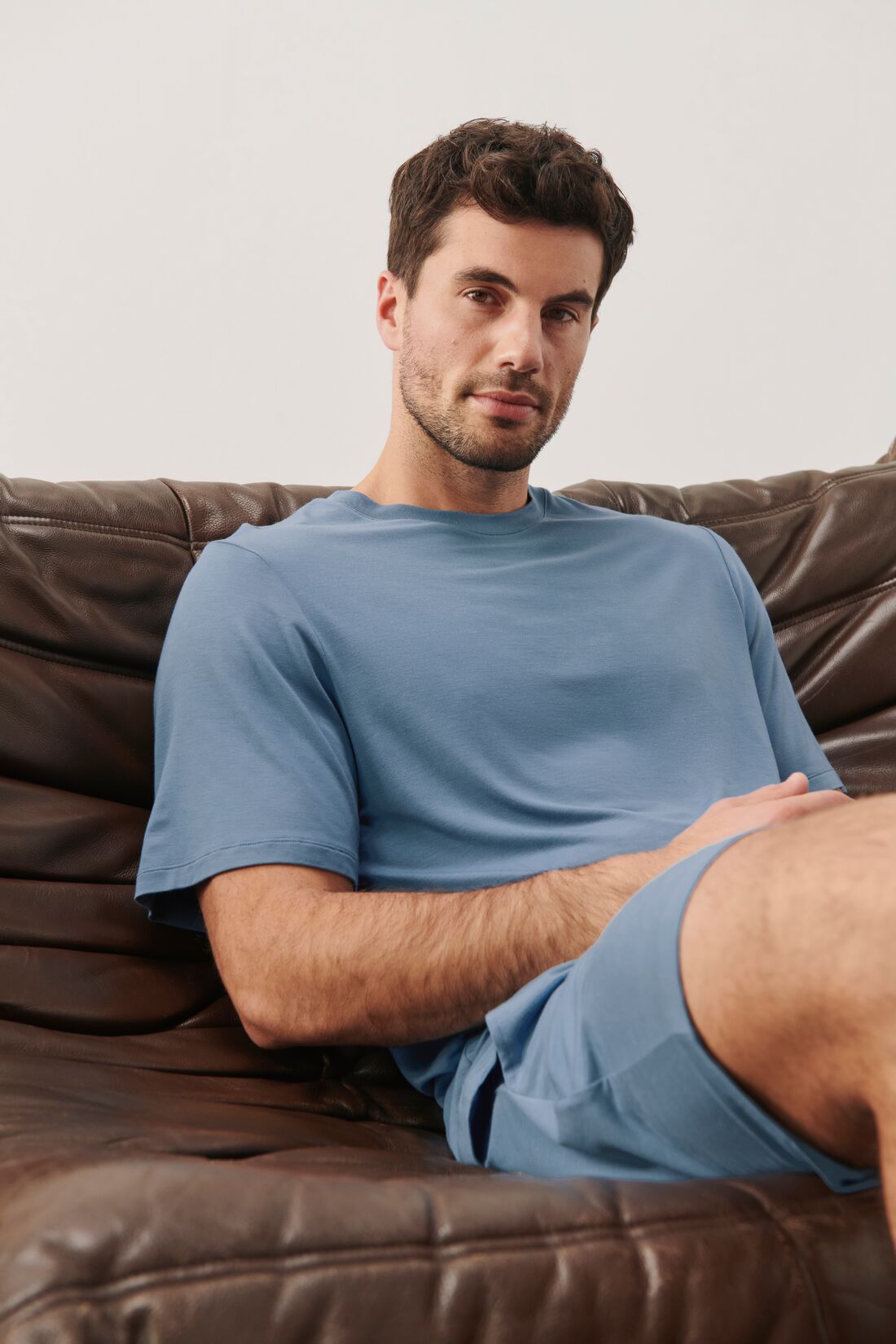 Model is wearing Henry TENCEL™ Modal Short PJ Set in Slate Blue