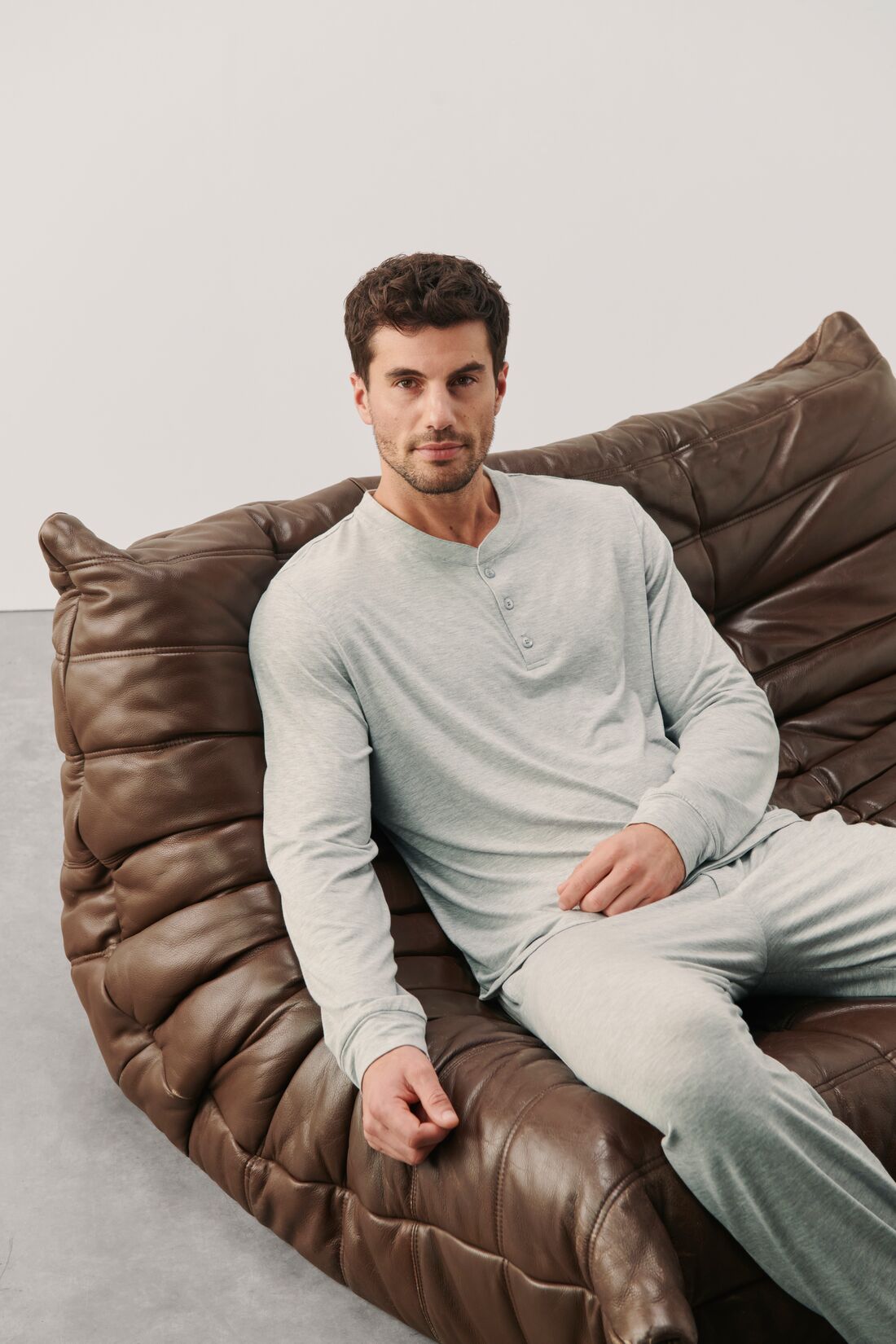 Model is wearing Henry TENCEL™ Modal Long PJ Set in Heather Grey