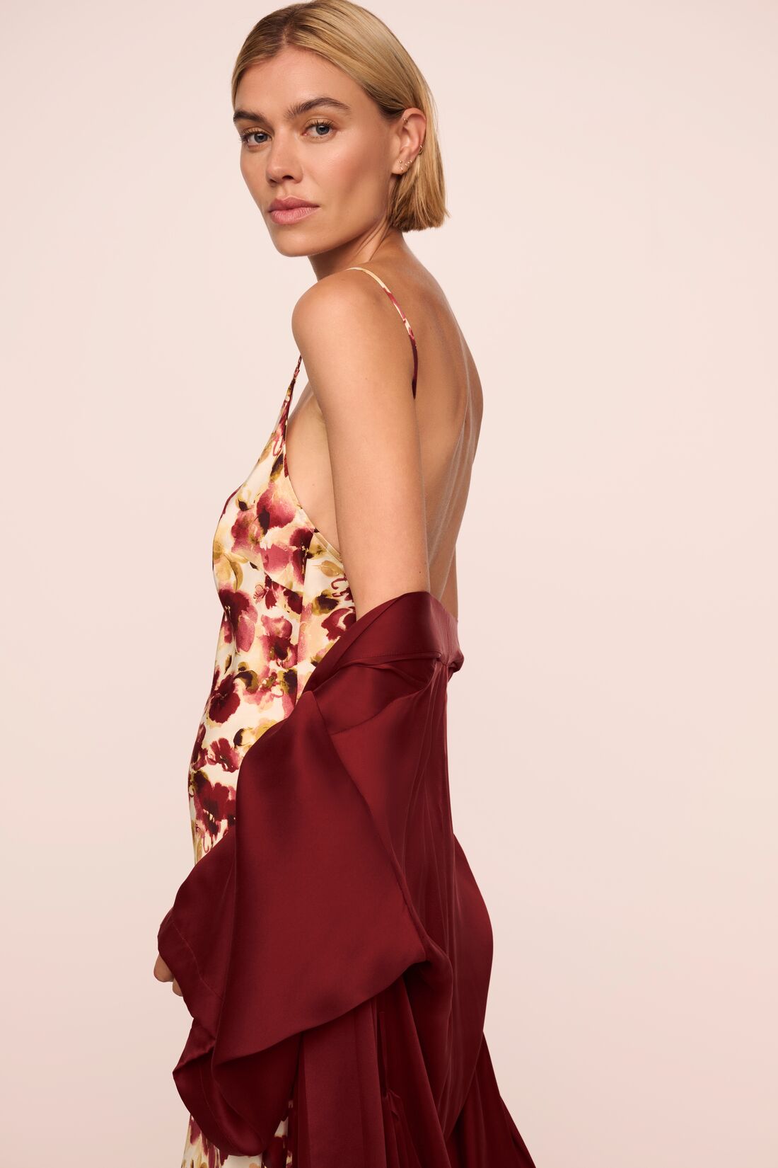 Model is wearing Inez Washable Silk Printed Long Slip and Long Robe in Botanical Flower Merlot and Merlot