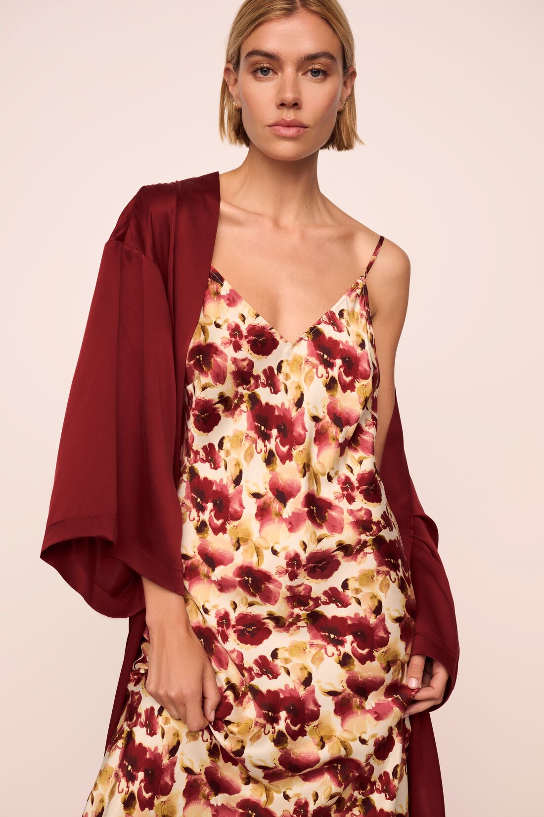 Model is wearing Inez Washable Silk Printed Long Slip and Long Robe in Botanical Flower Merlot and Merlot