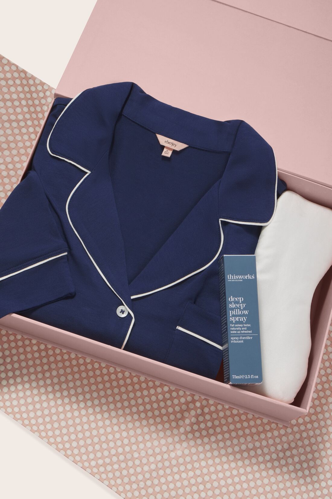 Image of a Gift box with Gisele TENCEL™ Modal Long PJ Set in Navy/Ivory, Deep Sleep Pillow Spray and a Washable Silk Eye Mask.