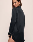 Model wears Inez Washable Silk Sleepshirt in Black/Champagne.