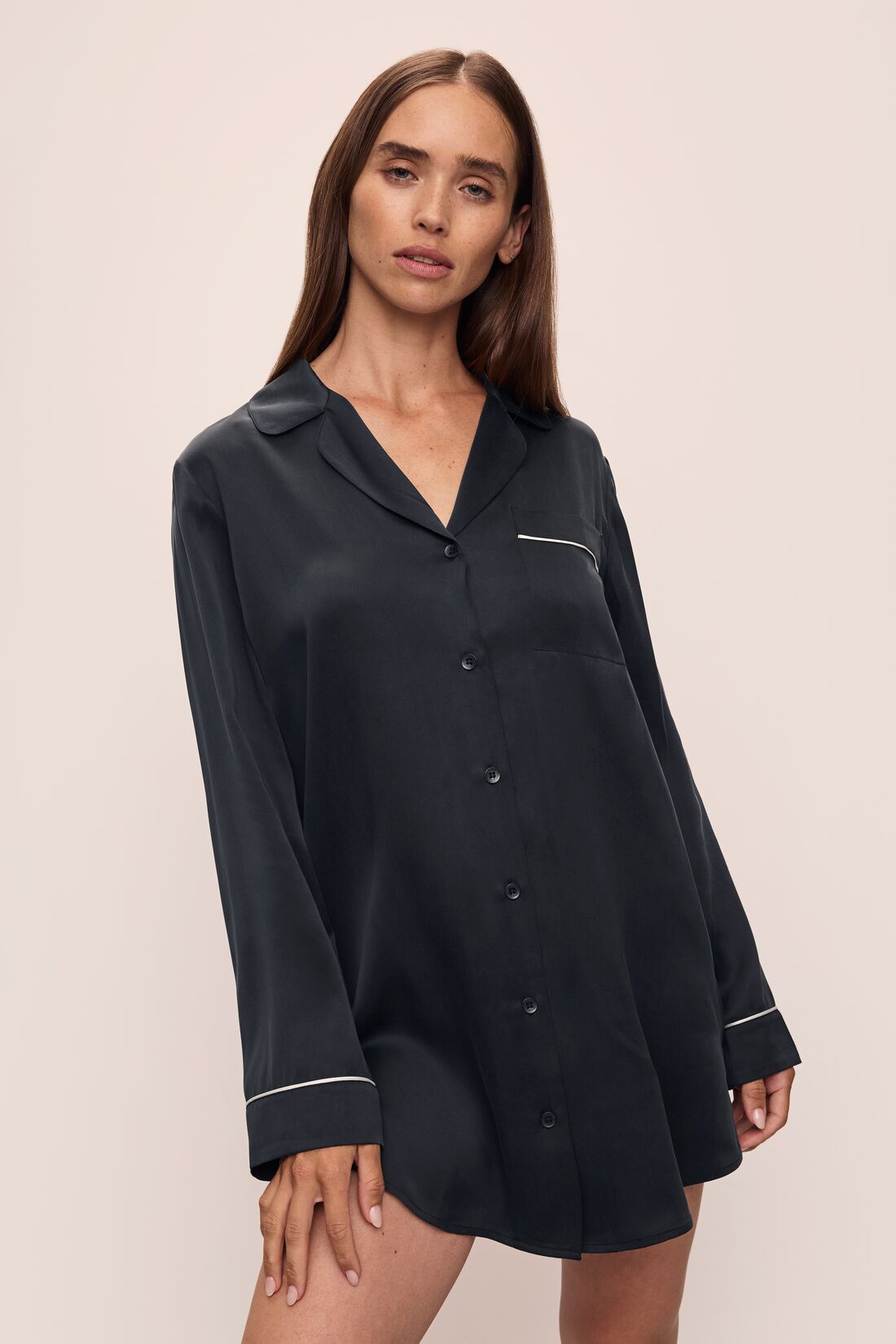 Model wears Inez Washable Silk Sleepshirt in Black/Champagne.