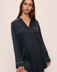 Model wears Inez Washable Silk Sleepshirt in Black/Champagne.