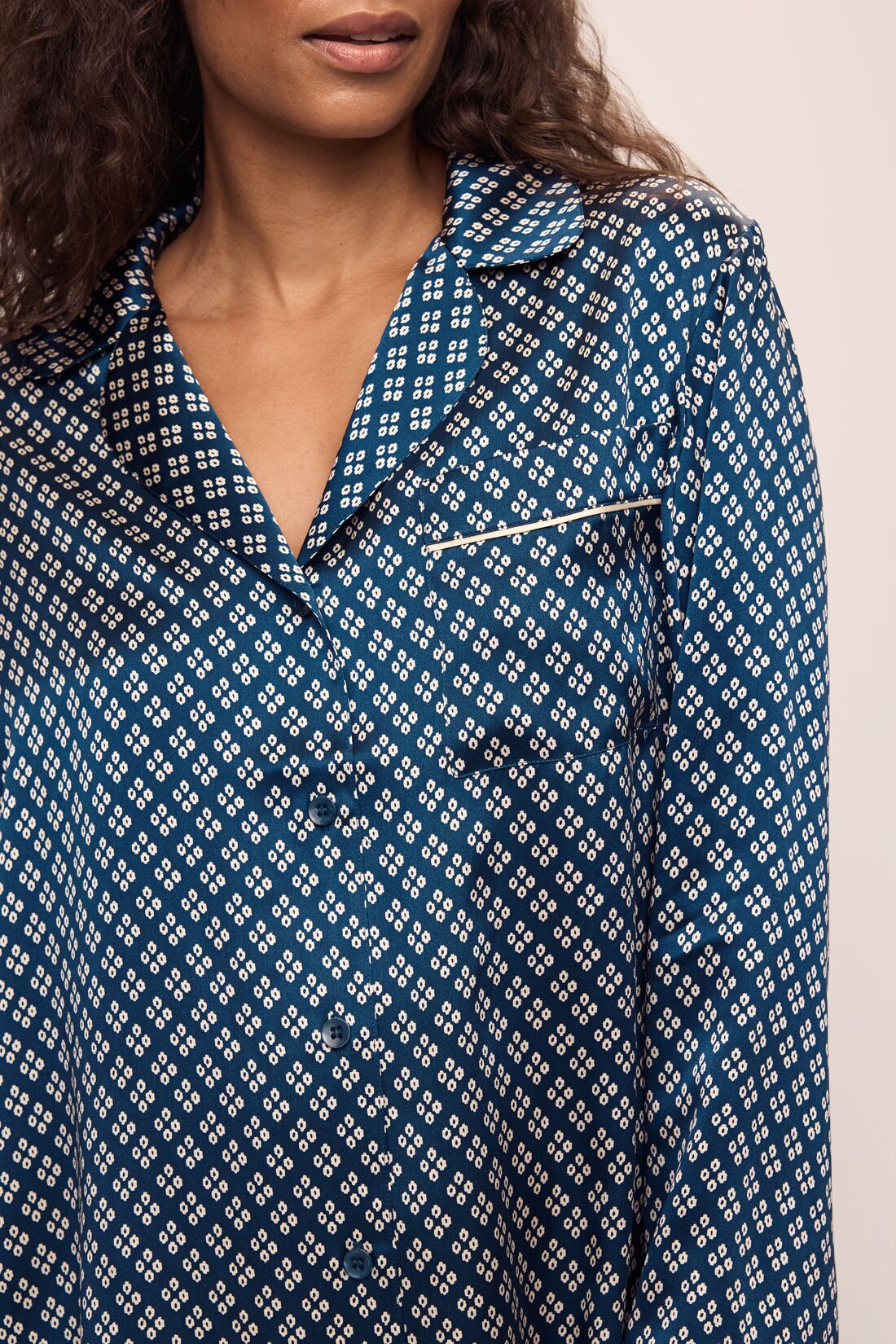 Model wears Inez Washable Silk Printed Sleepshirt in Petite Batik Indigo/Bone.