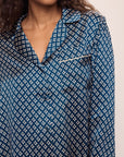 Model wears Inez Washable Silk Printed Sleepshirt in Petite Batik Indigo/Bone.