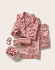 Image of  Inez Washable Silk Printed Long PJ Set in Bloomscape Misty Rose/Mesa Rose, Eye mask in Bloomscape Misty Rose/Mesa Rose adn reversible pouch