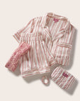 Image of  Inez Washable Silk Printed Short PJ Set in Brushstroke Misty Rose/Misty Rose, Eye Mask in Bloomscape Misty Rose/Mesa Rose and Reversible pouch