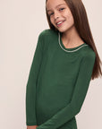 Model wears Kids TENCEL™ Modal Unisex Long PJ Set in Forest Green/Ivory.