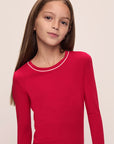 Model wears Kids TENCEL™ Modal Unisex Long PJ Set in Haute Red/Ivory.