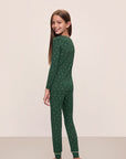 Model wears Kids Printed TENCEL™ Modal Unisex Long PJ Set in Winterpine Forest Green/Ivory.