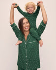 Model wears the Gisele Printed TENCEL™ Modal Long PJ Set in Winterpine Forest Green/Ivory.