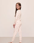 Image of model wearing Kids Printed TENCEL™ Modal Unisex Long PJ Set in Little Heart Sorbet Pink/Black