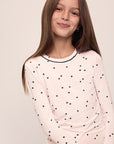 Detail image of model wearing Kids Printed TENCEL™ Modal Unisex Long PJ Set in Little Heart Sorbet Pink/Black