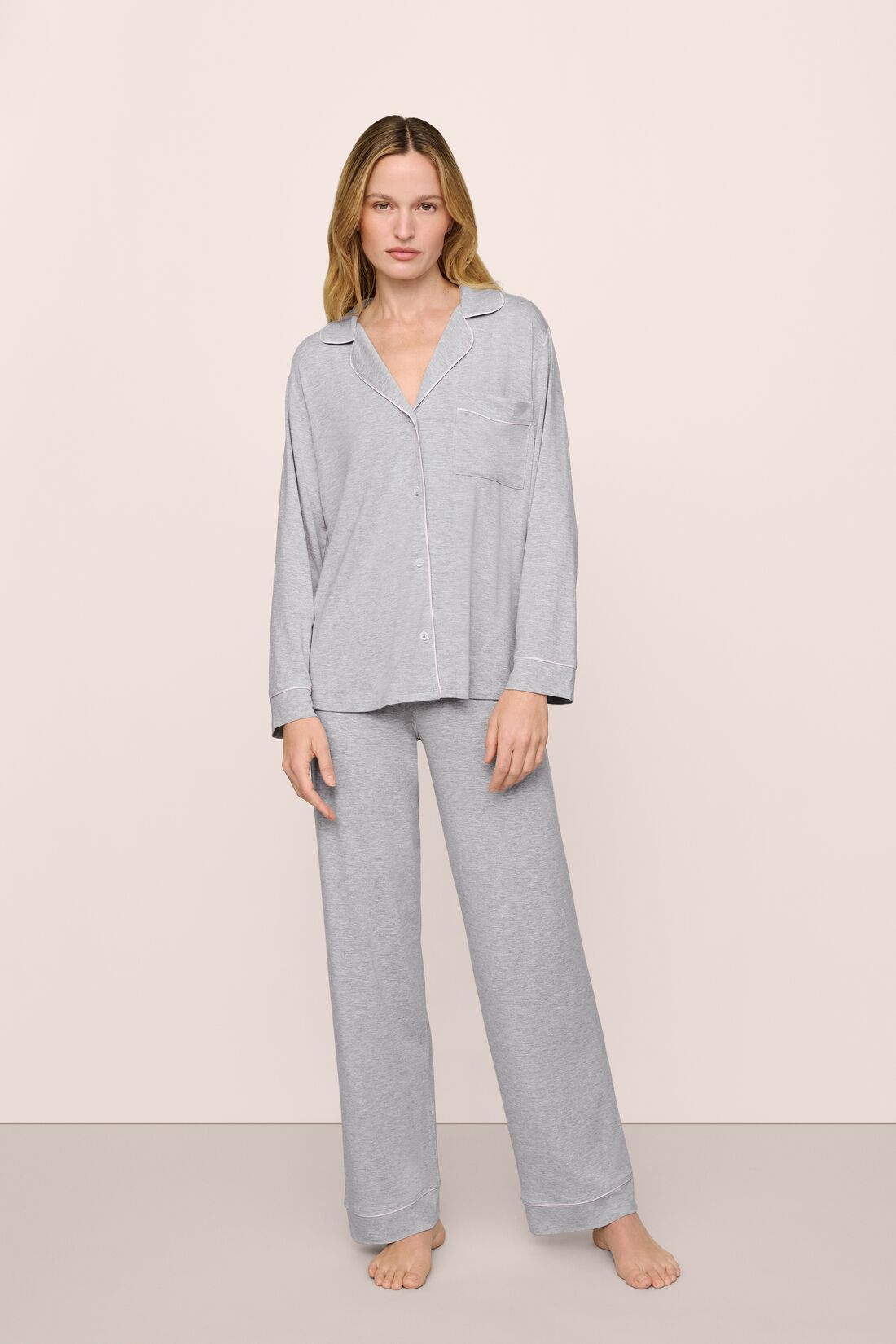 Model Is Wearing Gisele Long Pj Set In Heather Grey/Sorbet Pink