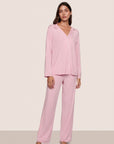 Model is wearing Gisele TENCEL™ Modal Long PJ Set  in Pink Nectar/Ivory