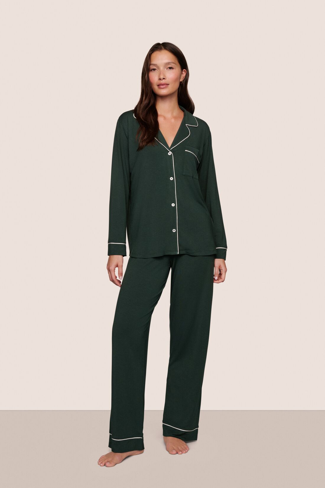 Model is wearing Gisele TENCEL™ Modal Long PJ Set  in Pine/Ivory