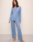 Model wears Gisele TENCEL™ Modal Long PJ Set in wedgewood blue/ivory.