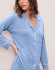 Model wears Gisele TENCEL™ Modal Long PJ Set in wedgewood blue/ivory.