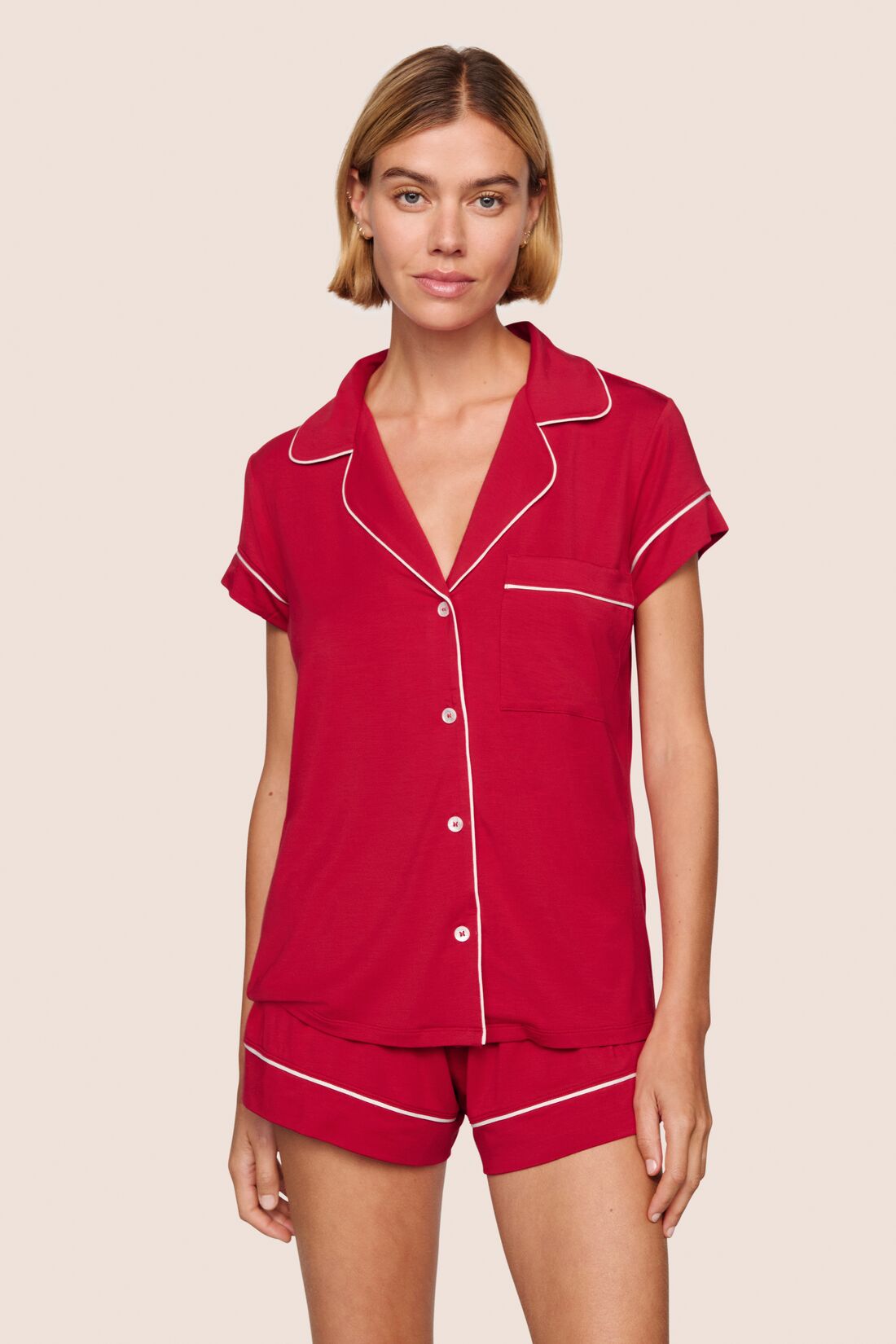 Model is wearing Gisele TENCEL™ Modal Shortie Short PJ Set  in Holly Red/Ivory