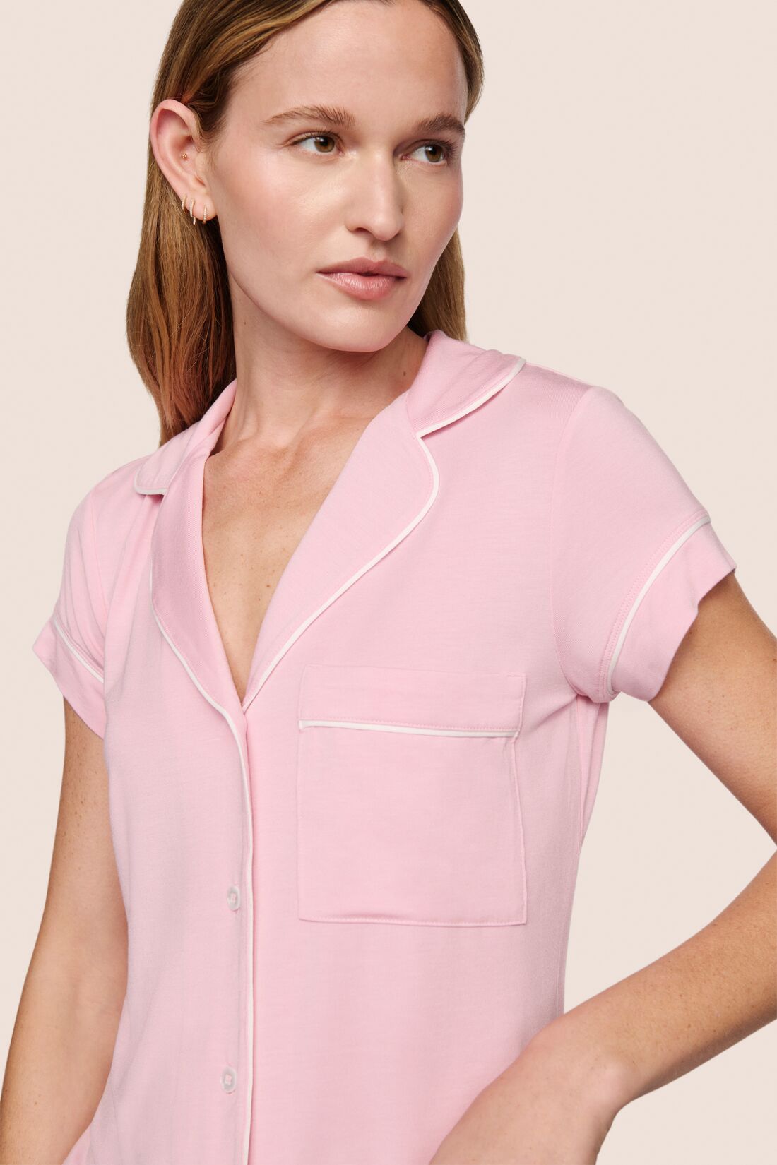 Model is wearing Gisele TENCEL™ Modal Shortie Short PJ Set  in Pink Nectar/Ivory