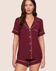 Model is wearing Gisele TENCEL™ Modal Relaxed Short PJ Set  in Bordeaux/Ivory