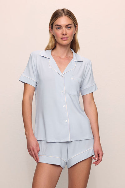 Model is wearing Gisele TENCEL™ Modal Relaxed Short PJ Set in Ice Blue/Ivory