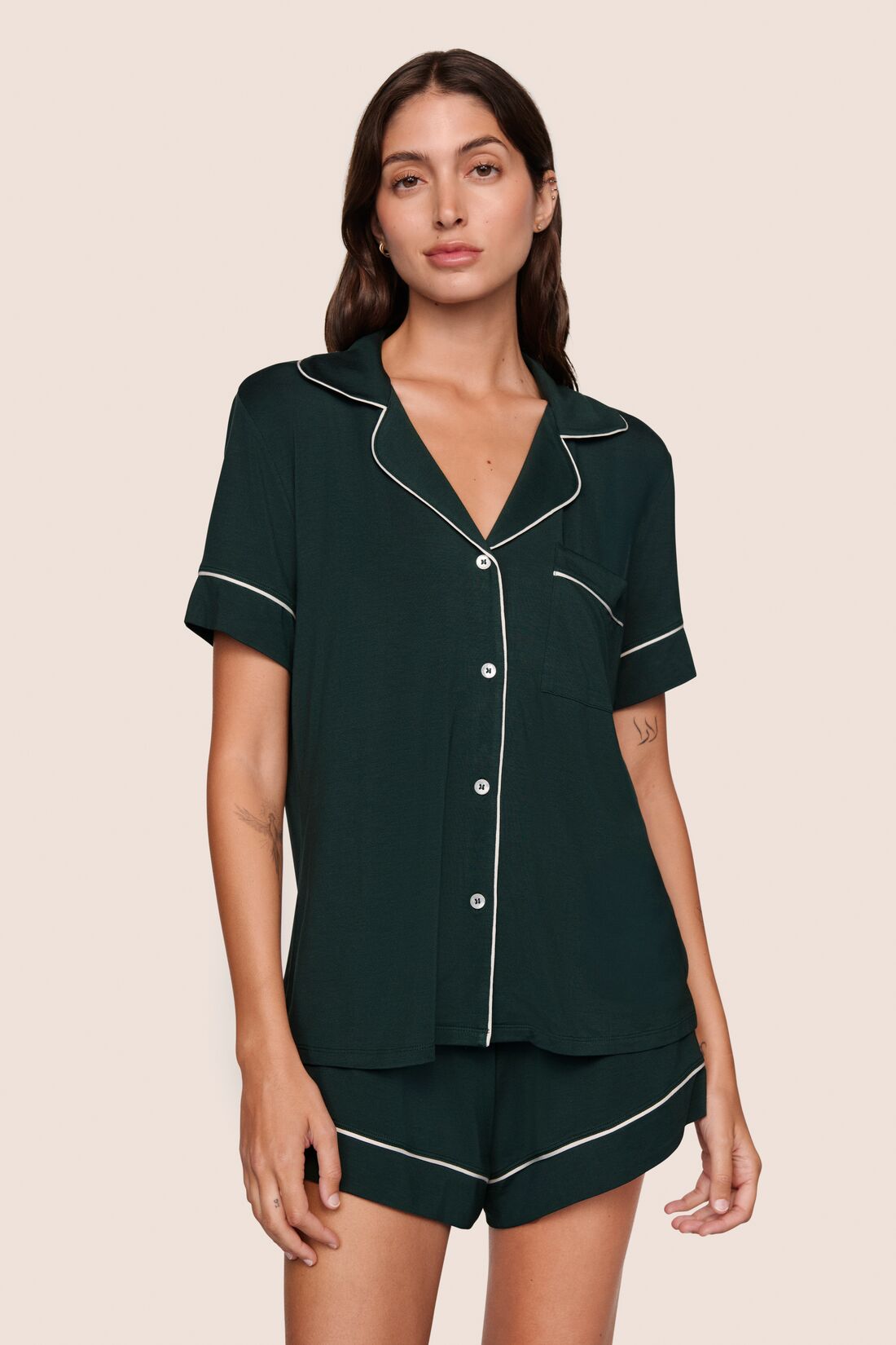 Model is wearing Gisele TENCEL™ Modal Relaxed Short PJ Set  in Pine/Ivory