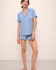 Model wears Gisele TENCEL™ Modal Relaxed Short PJ Set in wedgewood blue/ivory.