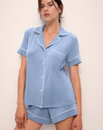 Model wears Gisele TENCEL™ Modal Relaxed Short PJ Set in wedgewood blue/ivory.