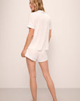 Model wears Gisele TENCEL™ Modal Relaxed Short PJ Set in white/ice blue.