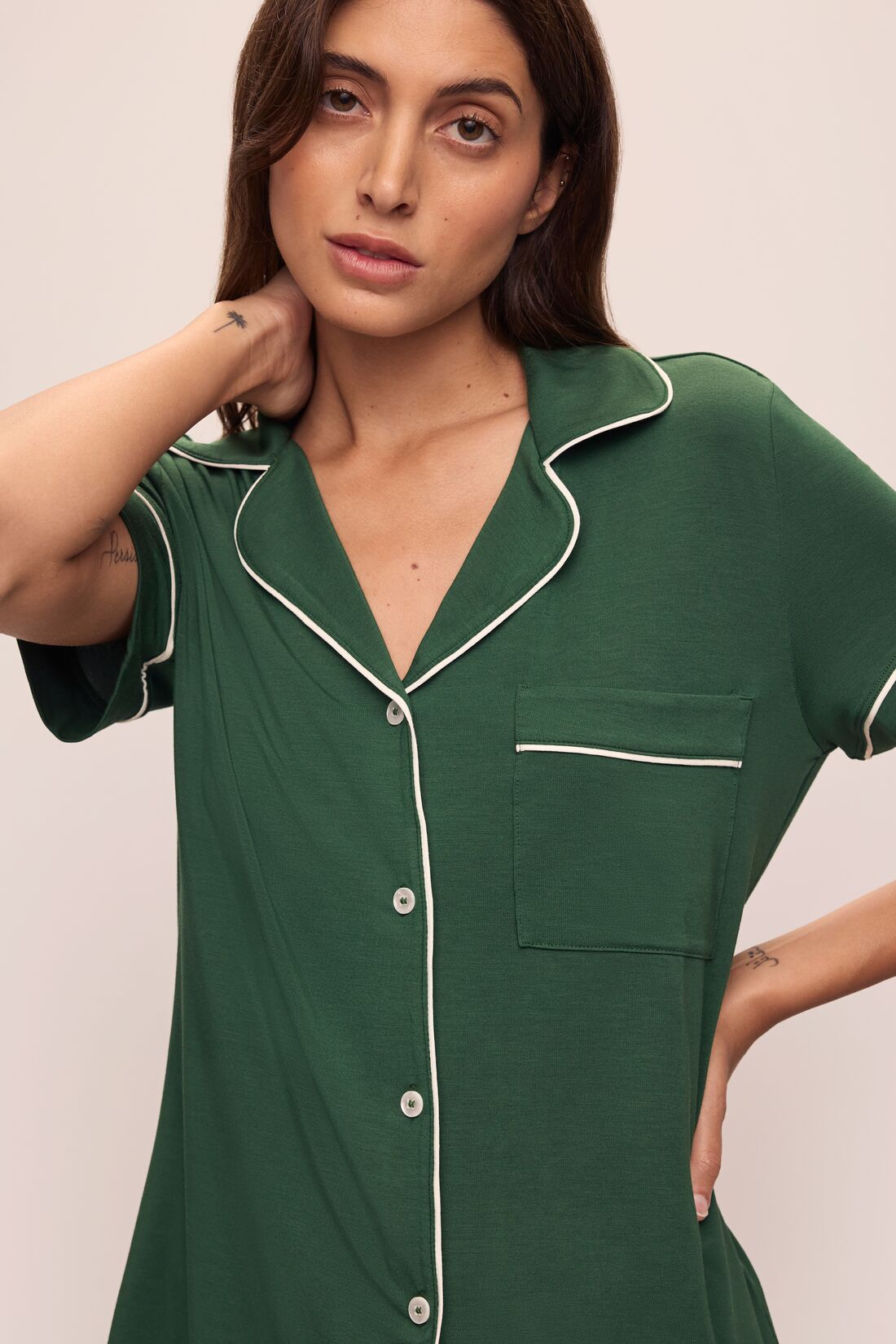 Model wears the Gisele TENCEL™ Modal Relaxed Short PJ Set in Forest Green/Ivory.