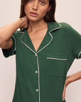 Model wears the Gisele TENCEL™ Modal Relaxed Short PJ Set in Forest Green/Ivory.